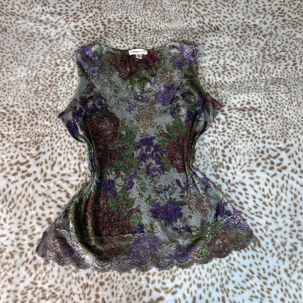 Coldwater Creek Small Floral Lace Trim Sleeveless Blouse